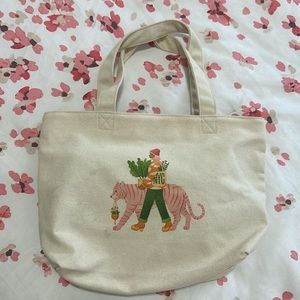 Uniqlo Cream Canvas Tote with Pink Tiger and Green Accents